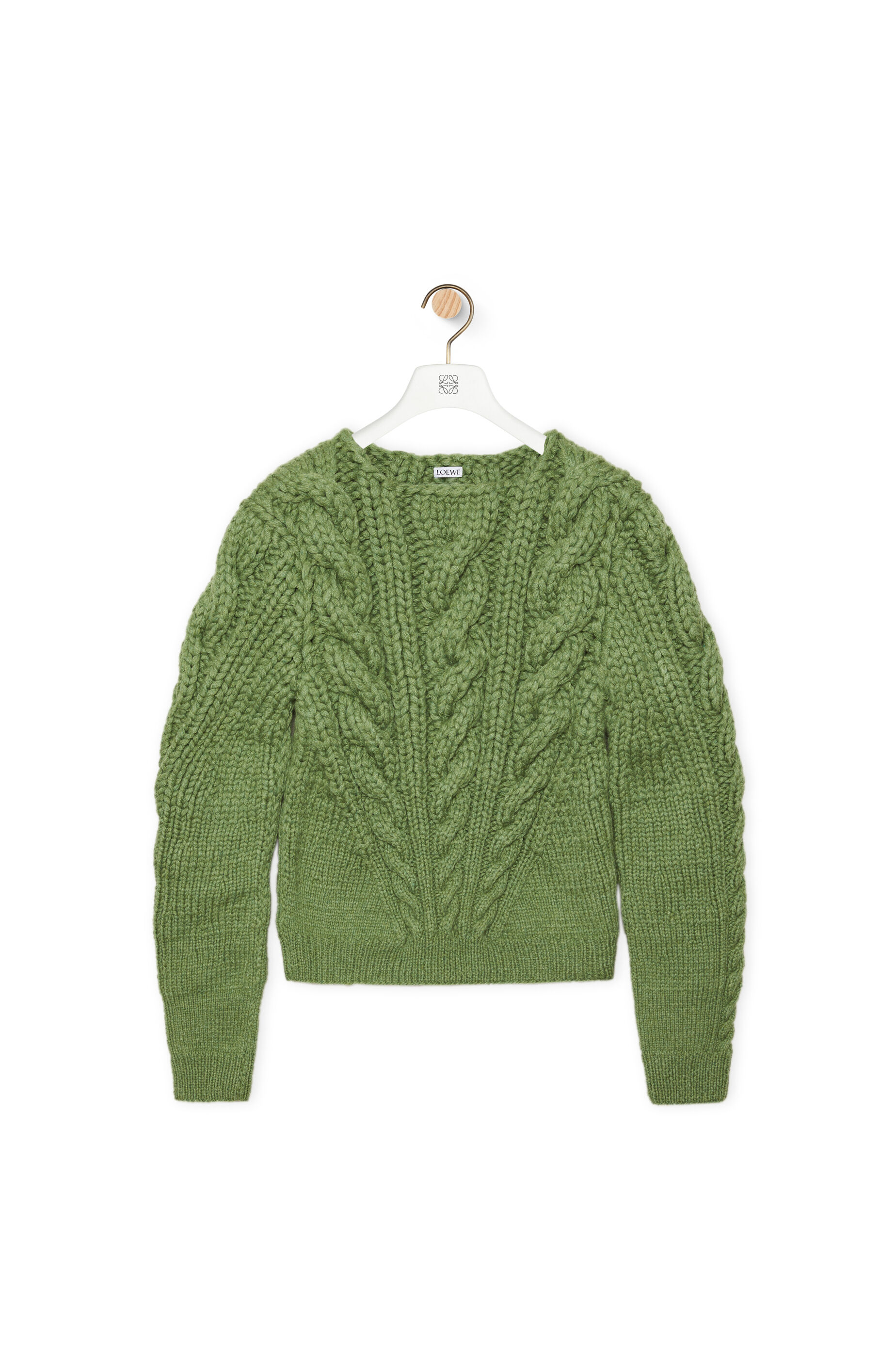 Loewe Men s Cable Sweater in Cashmere Green Crew Neck