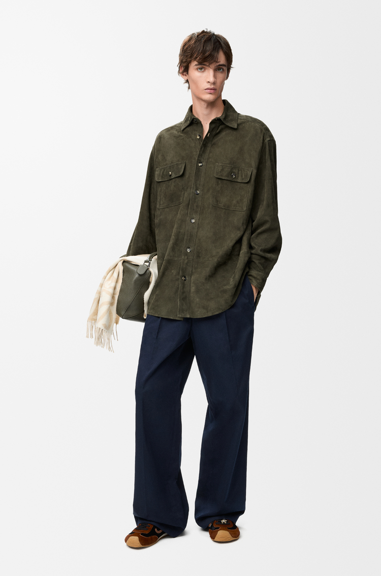 LOEWE Giacca-camicia in pelle di capra scamosciata Verde Kaki