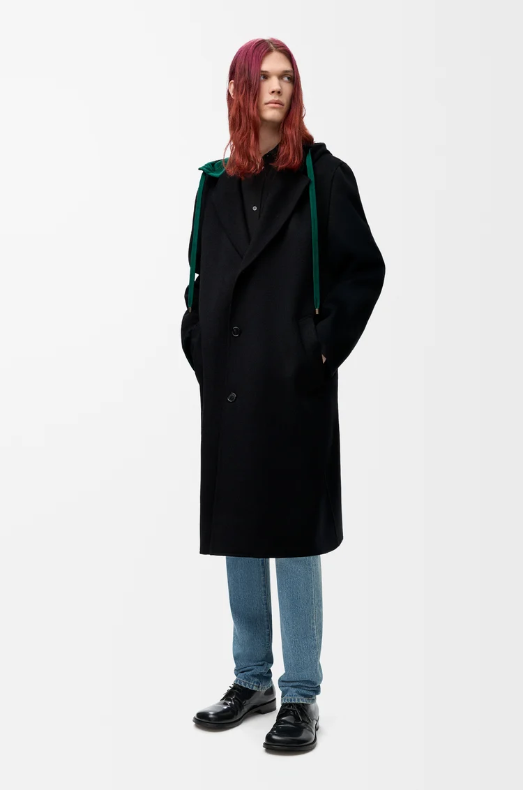 LOEWE Cappotto con cappuccio in lana e cashmere Nero/Verde
