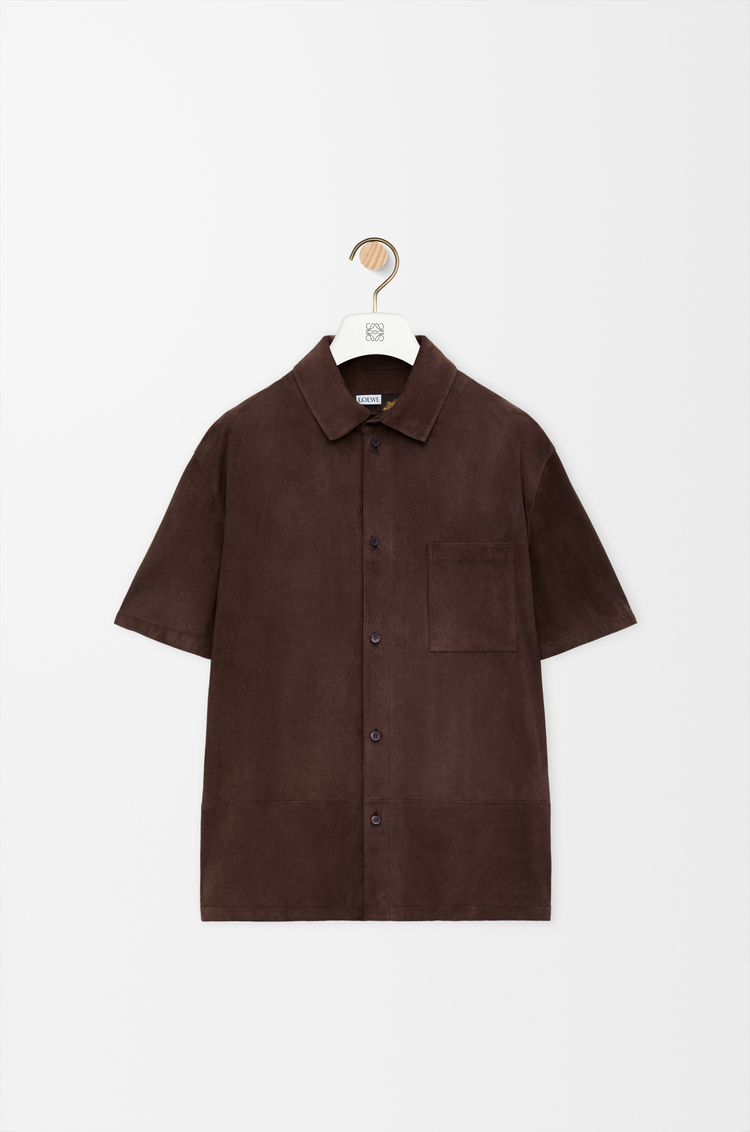LOEWE 麂皮山羊皮短袖襯衫 深棕色