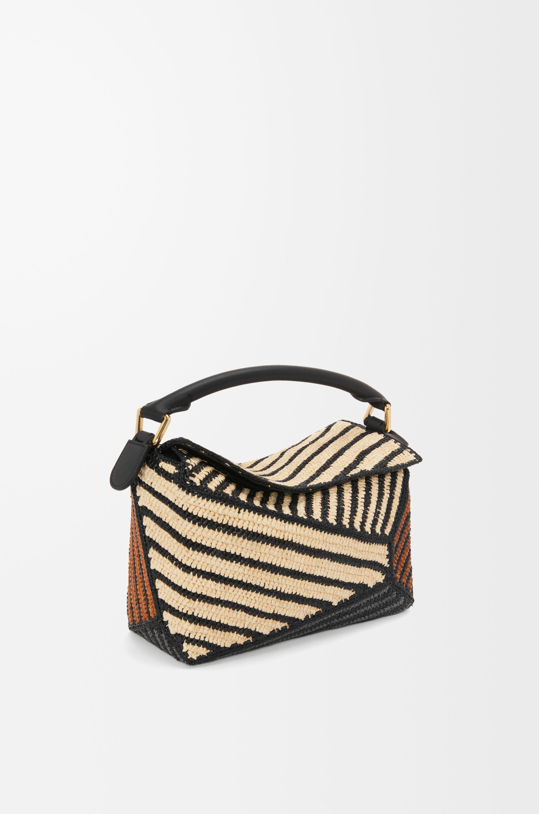 LOEWE Small Puzzle Edge bag in raffia and calfskin Natural/Honey Gold