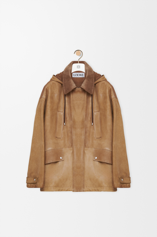 LOEWE Parka corto in nappa di agnello e cotone Camel