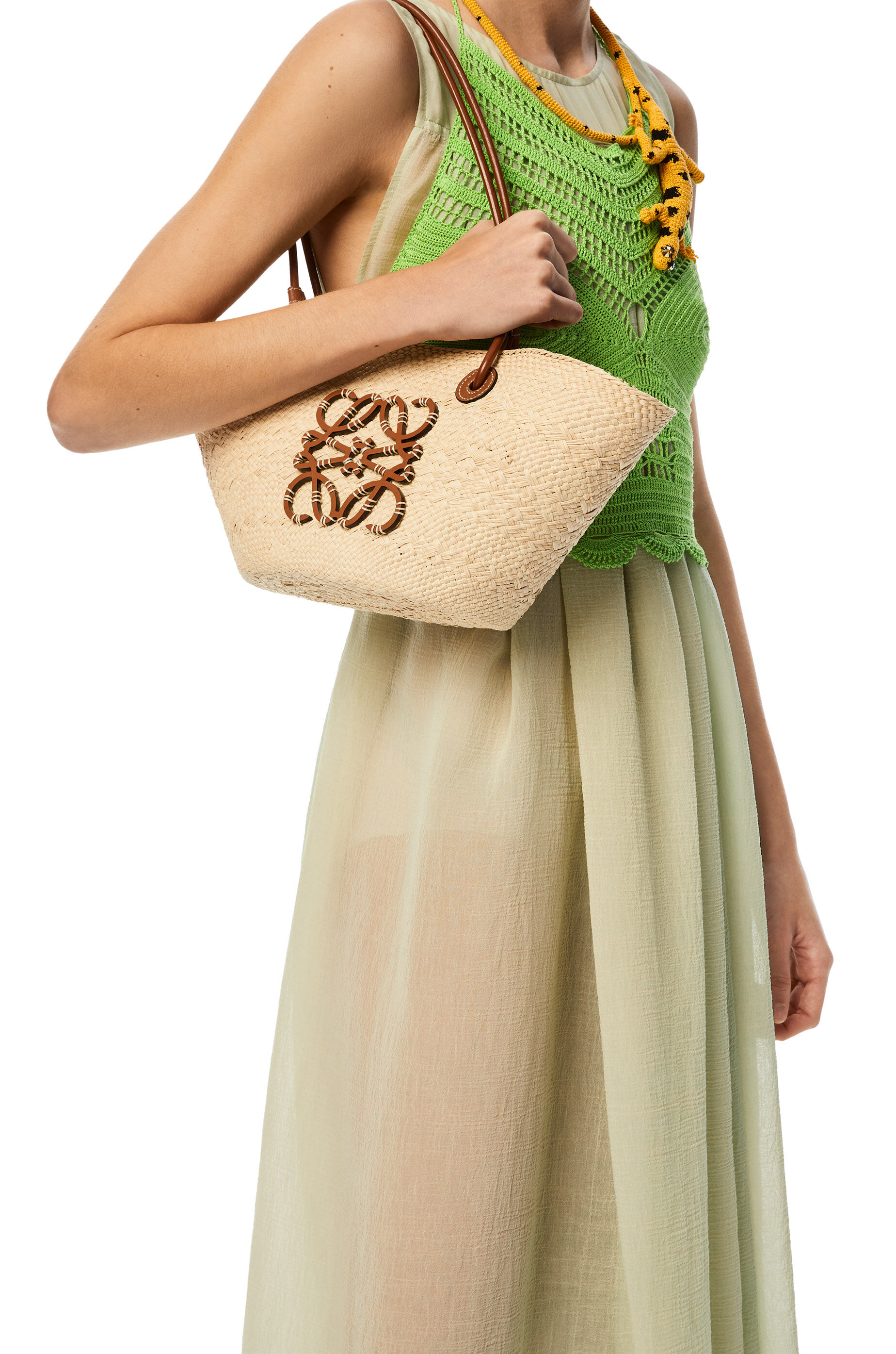 Small Anagram Basket bag in iraca palm and calfskin Natural/Tan 