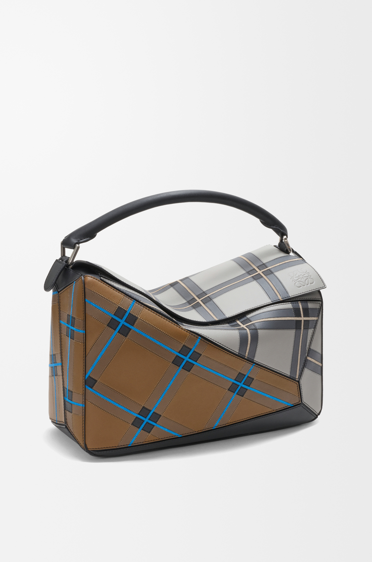 LOEWE Large Puzzle bag in check intarsio Bronze/Grey