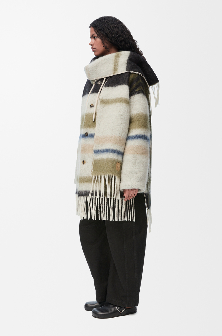 LOEWE Hooded scarf coat in wool and mohair blend White/Black