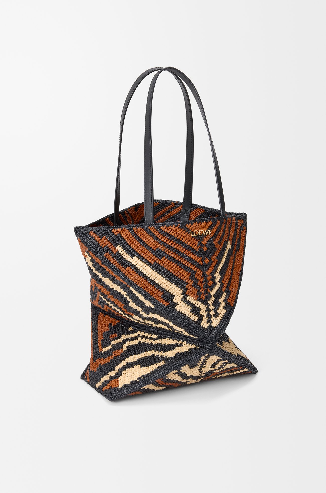 LOEWE Medium Puzzle Fold Tote in raffia and calfskin Black/Honey Gold