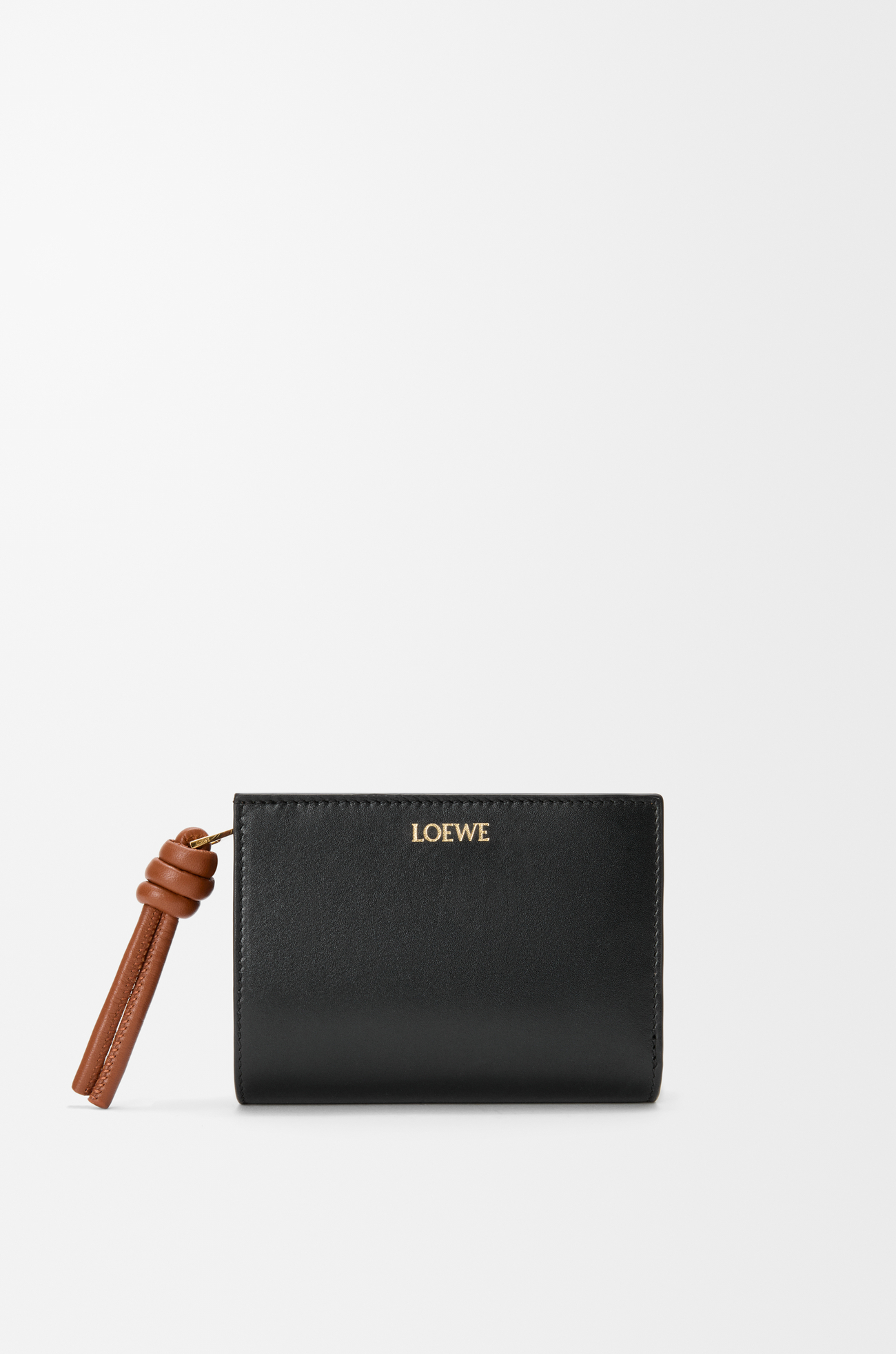 LOEWE 亮面納帕小牛皮繩結短皮夾 黑色/松鼠棕