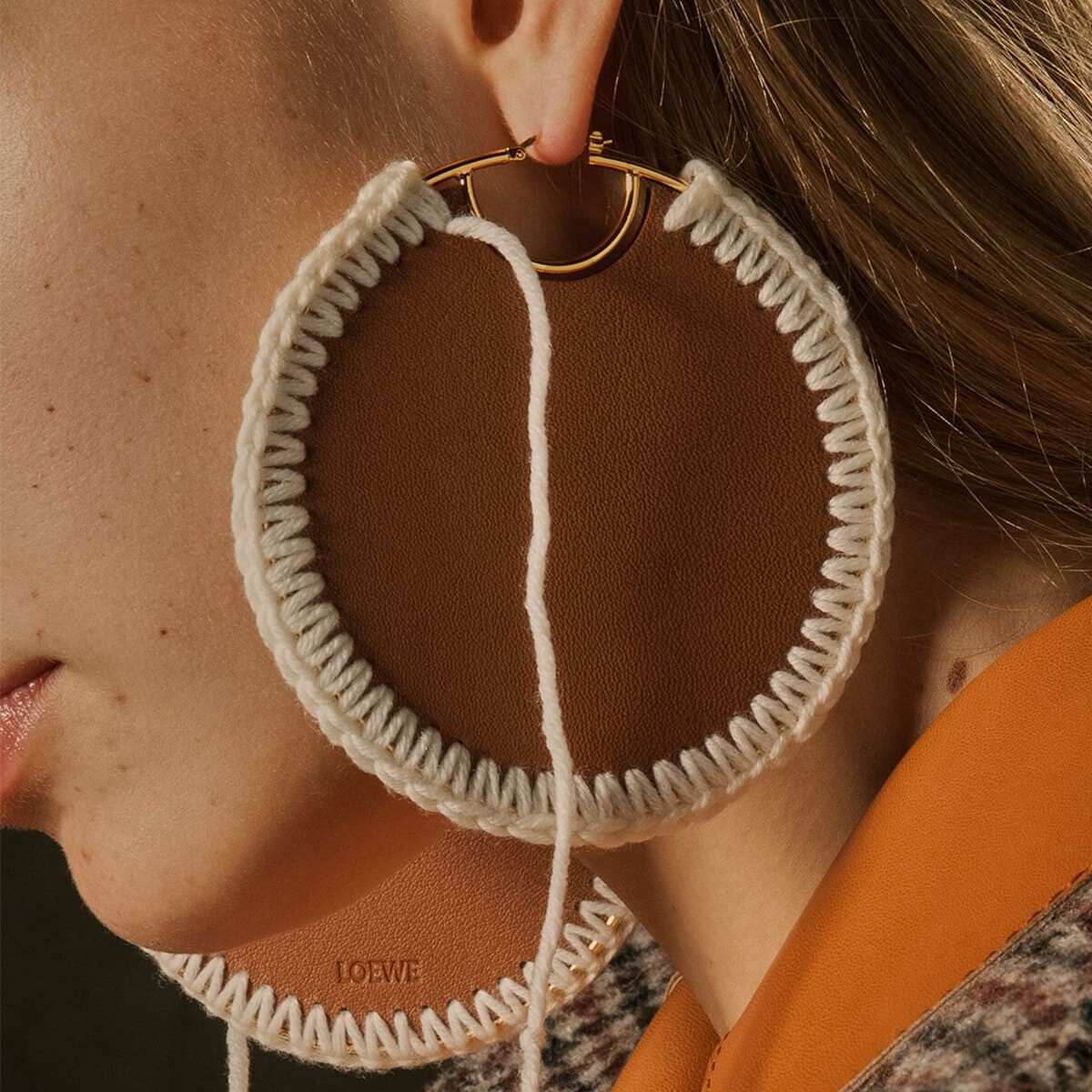 LOEWE Macrame Earrings Tan/Gold front