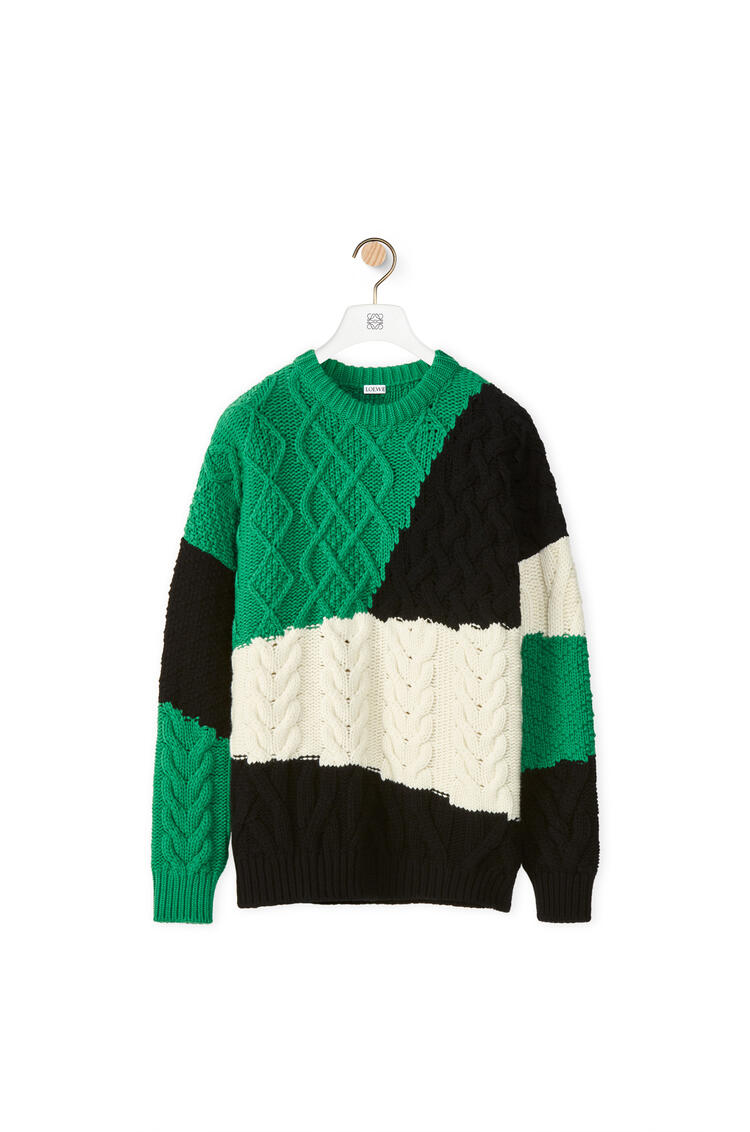 LOEWE Colourblock cable sweater in wool Green/Black/White pdp_rd