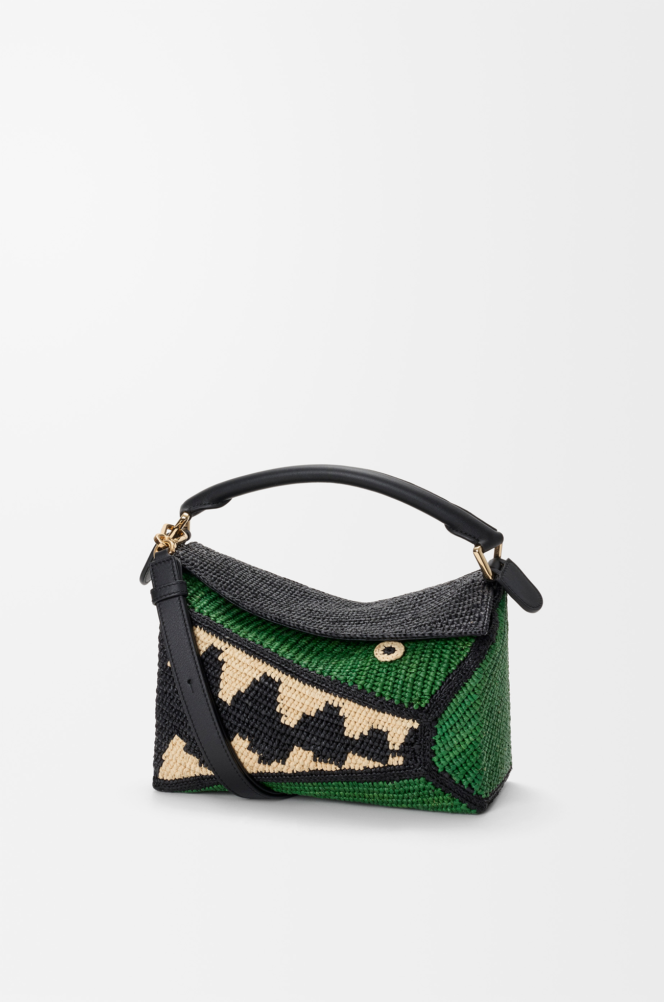 LOEWE Bolso Puzzle Edge pequeño en rafia y piel de ternera Negro/Verde