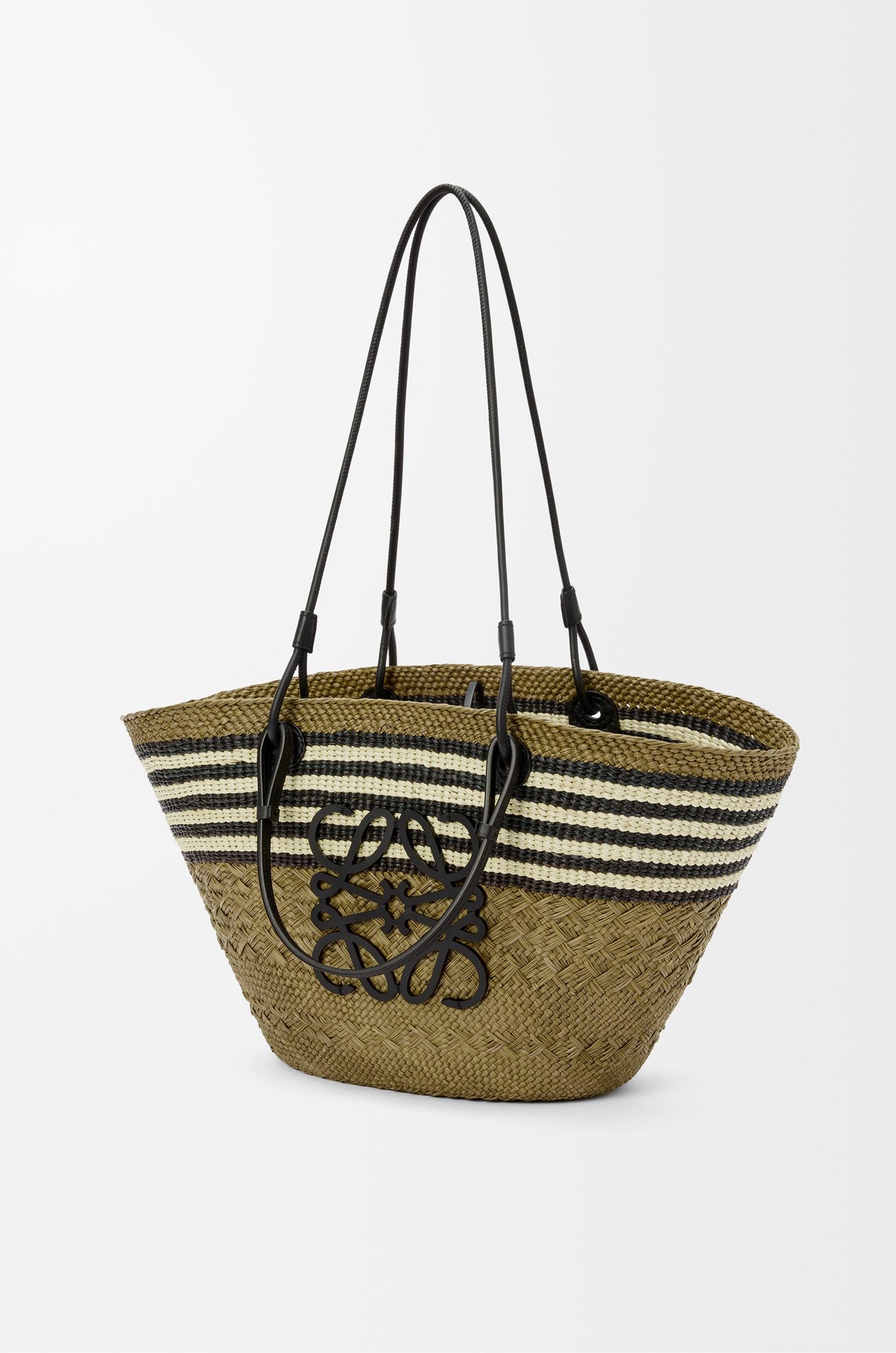 LOEWE Medium Anagram basket in iraca palm and calfskin Dark Khaki/Black