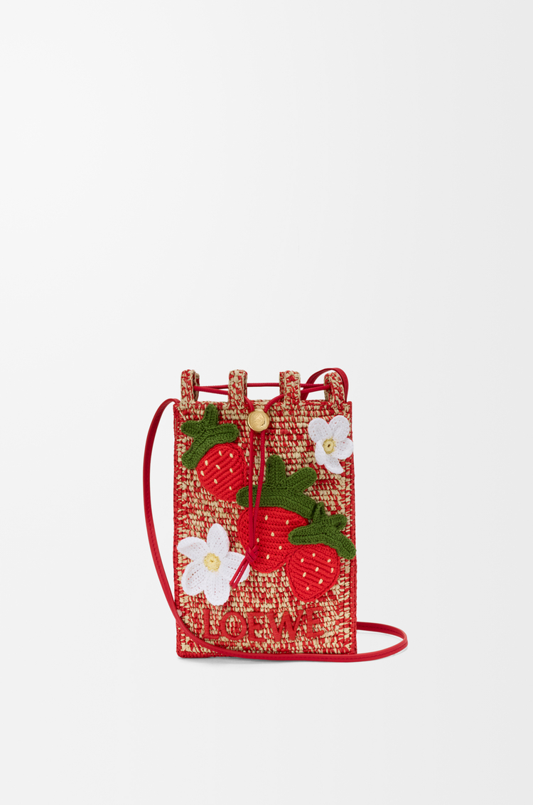 LOEWE 經典小牛皮拼酒椰纖維草莓抽繩手拿包 Multicolor Red