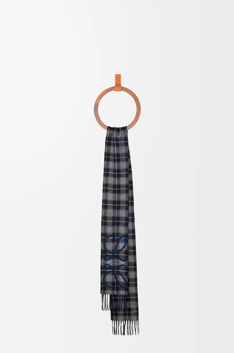 LOEWE Anagram scarf in silk and cashmere Navy/Anthracite/Navy