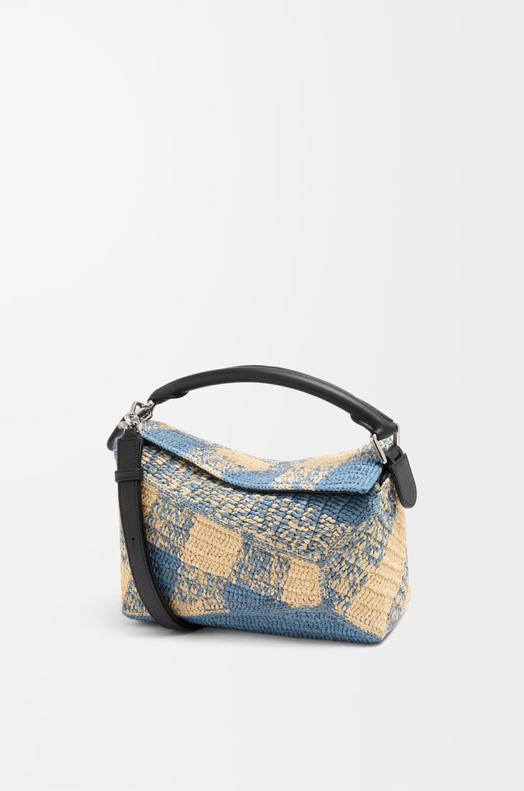 LOEWE Small Puzzle Edge bag in raffia and calfskin Natural/Light Blue