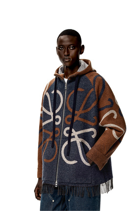 LOEWE Blanket hooded parka in wool and cashmere Navy/Brown plp_rd