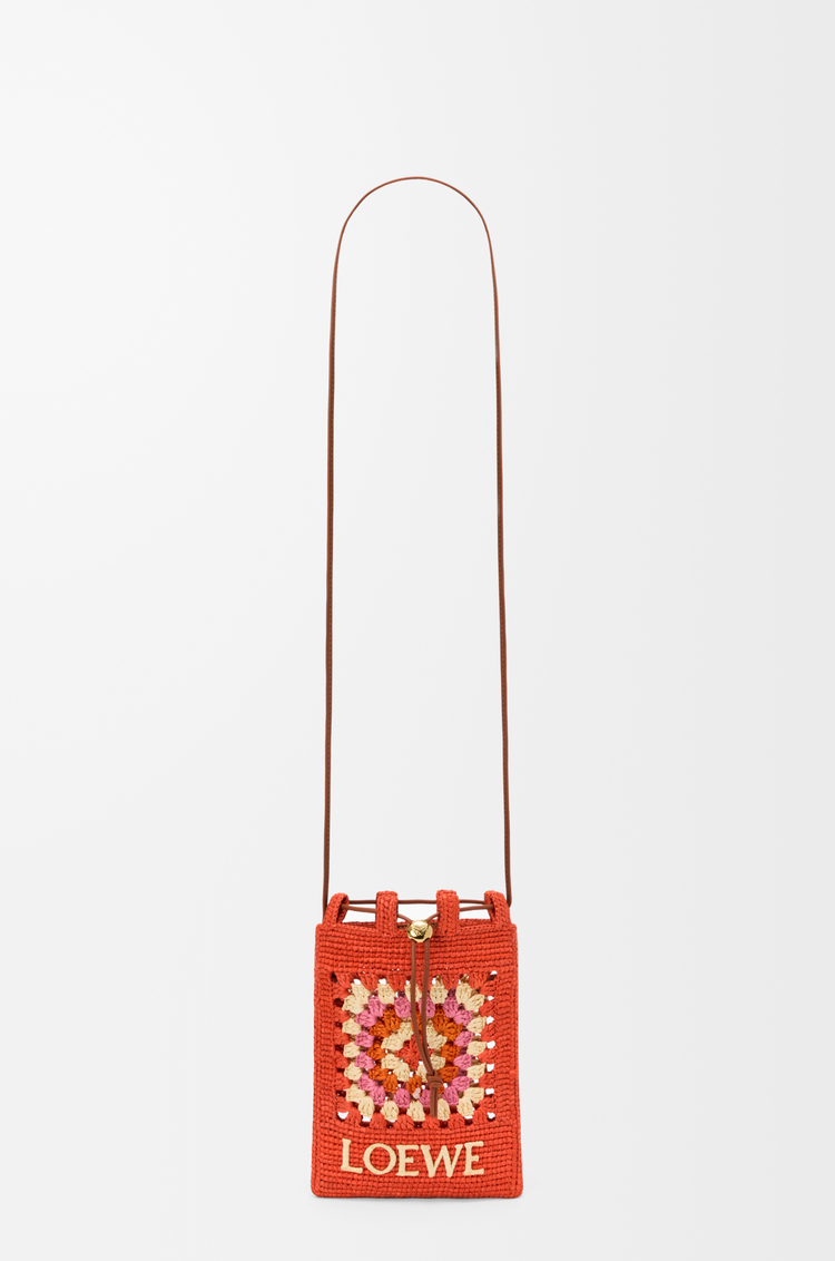 LOEWE Bolso pequeño con cordón en piel de ternera clásica y rafia Naranja Brillante/Rosa