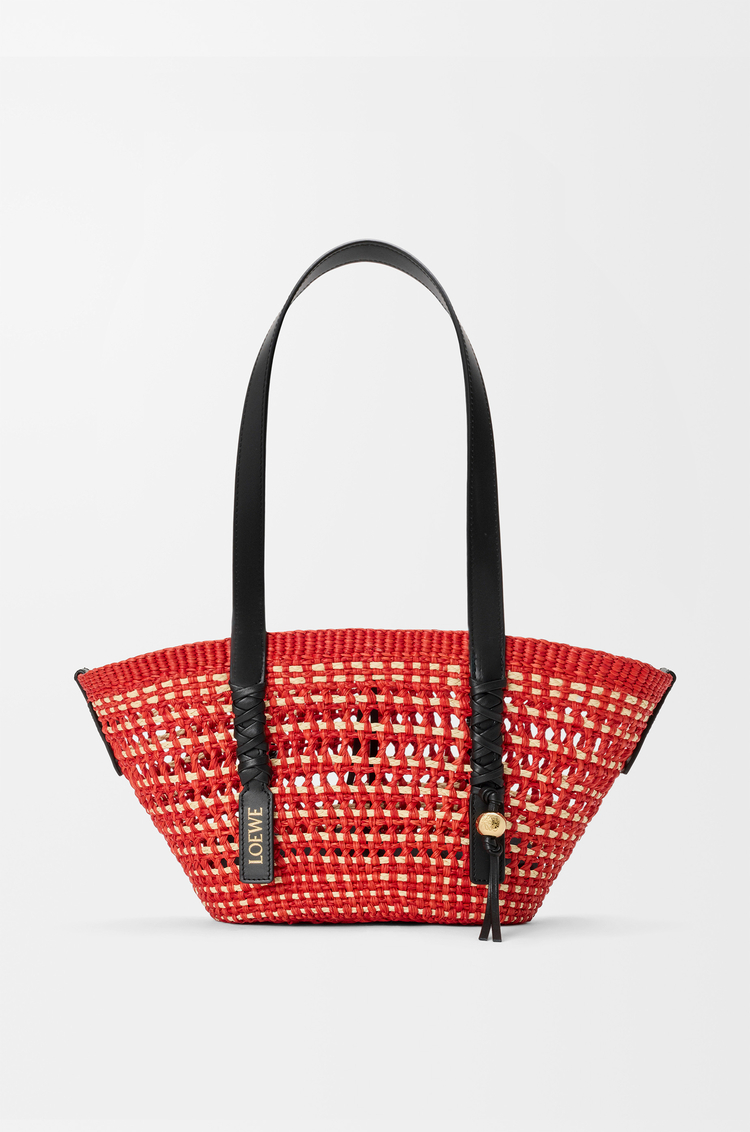 LOEWE Small Braid basket in iraca palm and calfskin Red/Natural