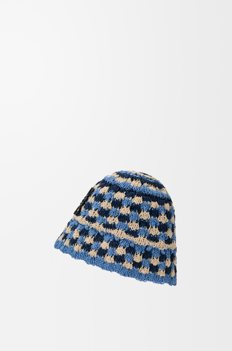 LOEWE Patch crochet bucket hat in raffia and calfskin Navy/Sky Blue