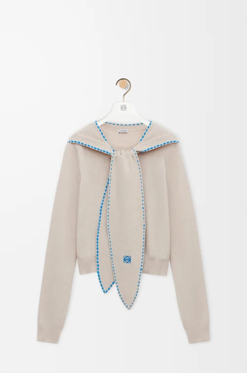 LOEWE Pullover mit Schalkragen aus Wolle Beige/Blue