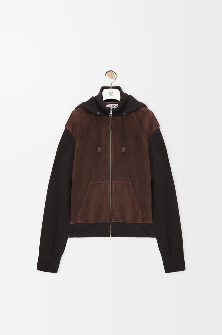 LOEWE ハイブリッド ジップアップ フーディー（スエードゴート&ウールブレンド） ダークブラウン