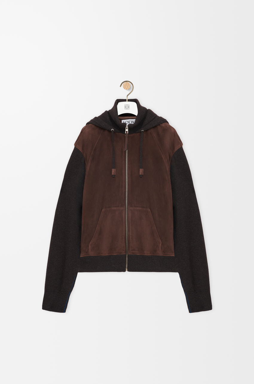 Hybrid zip-up hoodie in suede goatskin and wool blend