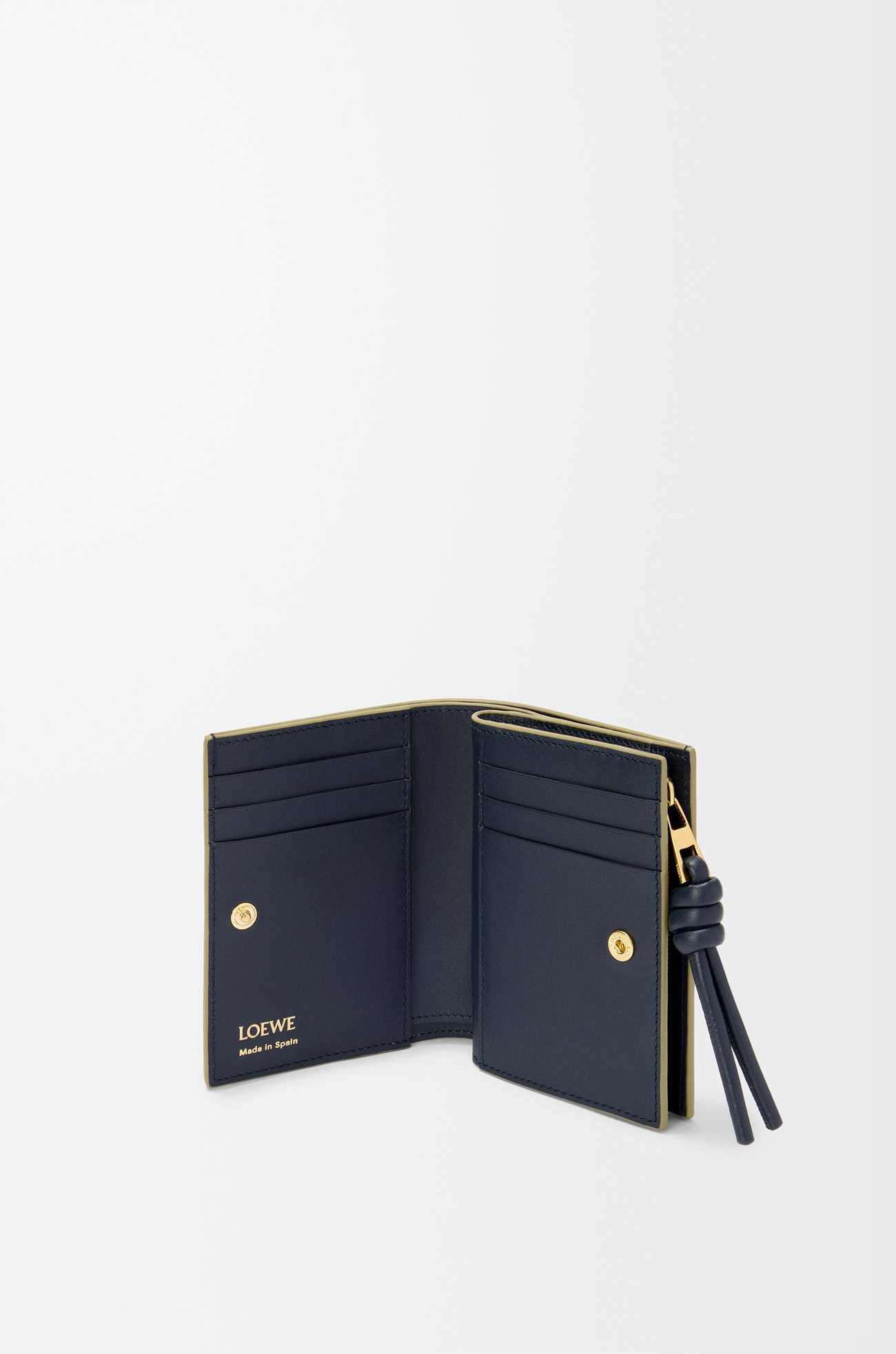 LOEWE Knot compact wallet in shiny nappa calfskin Eucalyptus/Deep Navy