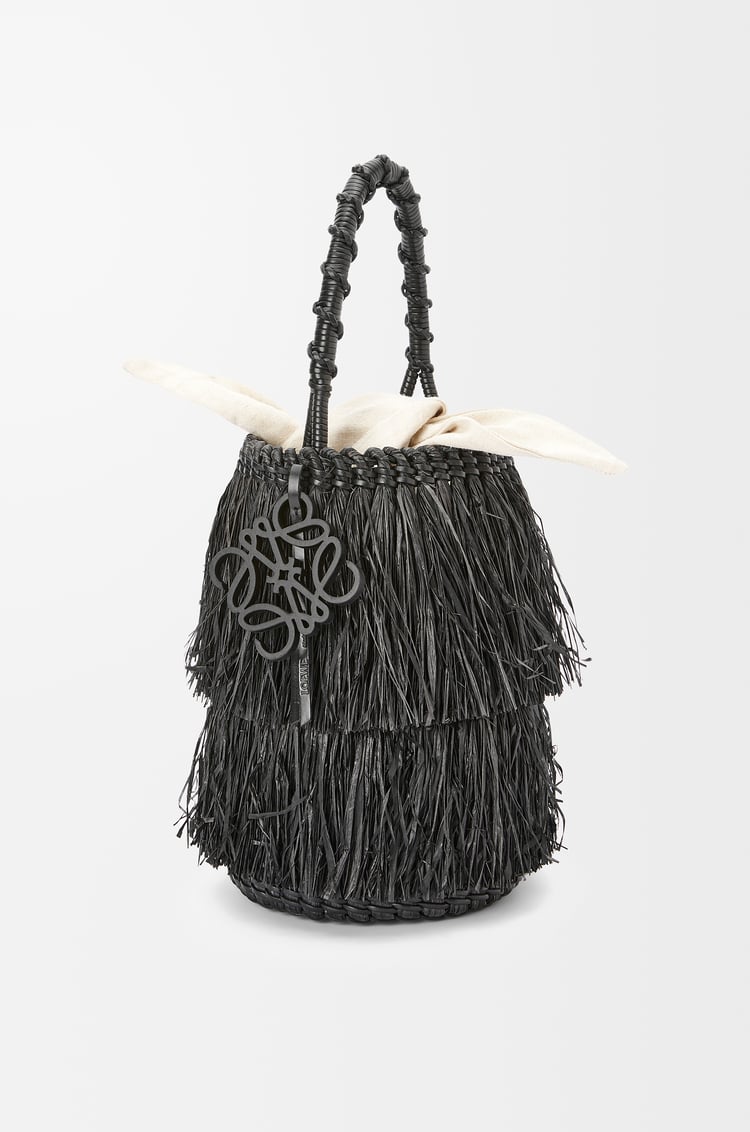 LOEWE Bolso Frayed Bucket en rafia y piel de ternera Negro