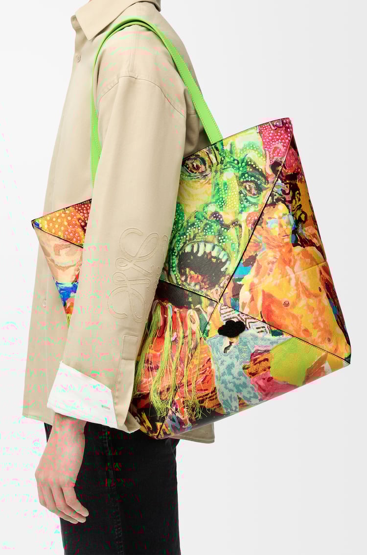 LOEWE XL Puzzle Fold tote in classic calfskin Vivid Green/Multicolor