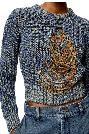 LOEWE Ripped chain sweater in hemp and linen Jeans Blue