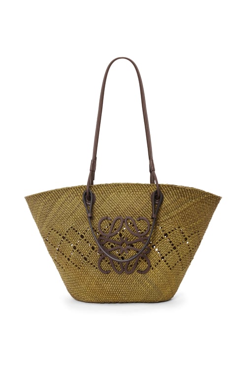 LOEWE Medium Anagram Basket bag in iraca palm and calfskin Olive/Chestnut