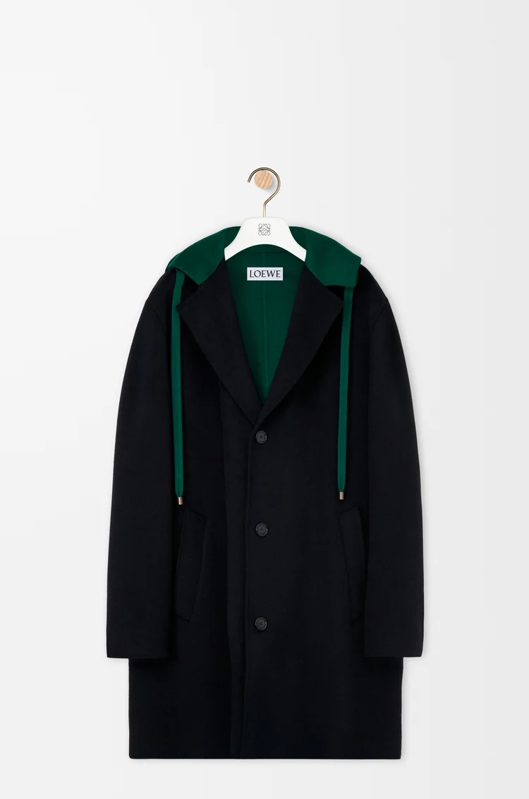 LOEWE Cappotto con cappuccio in lana e cashmere Nero/Verde