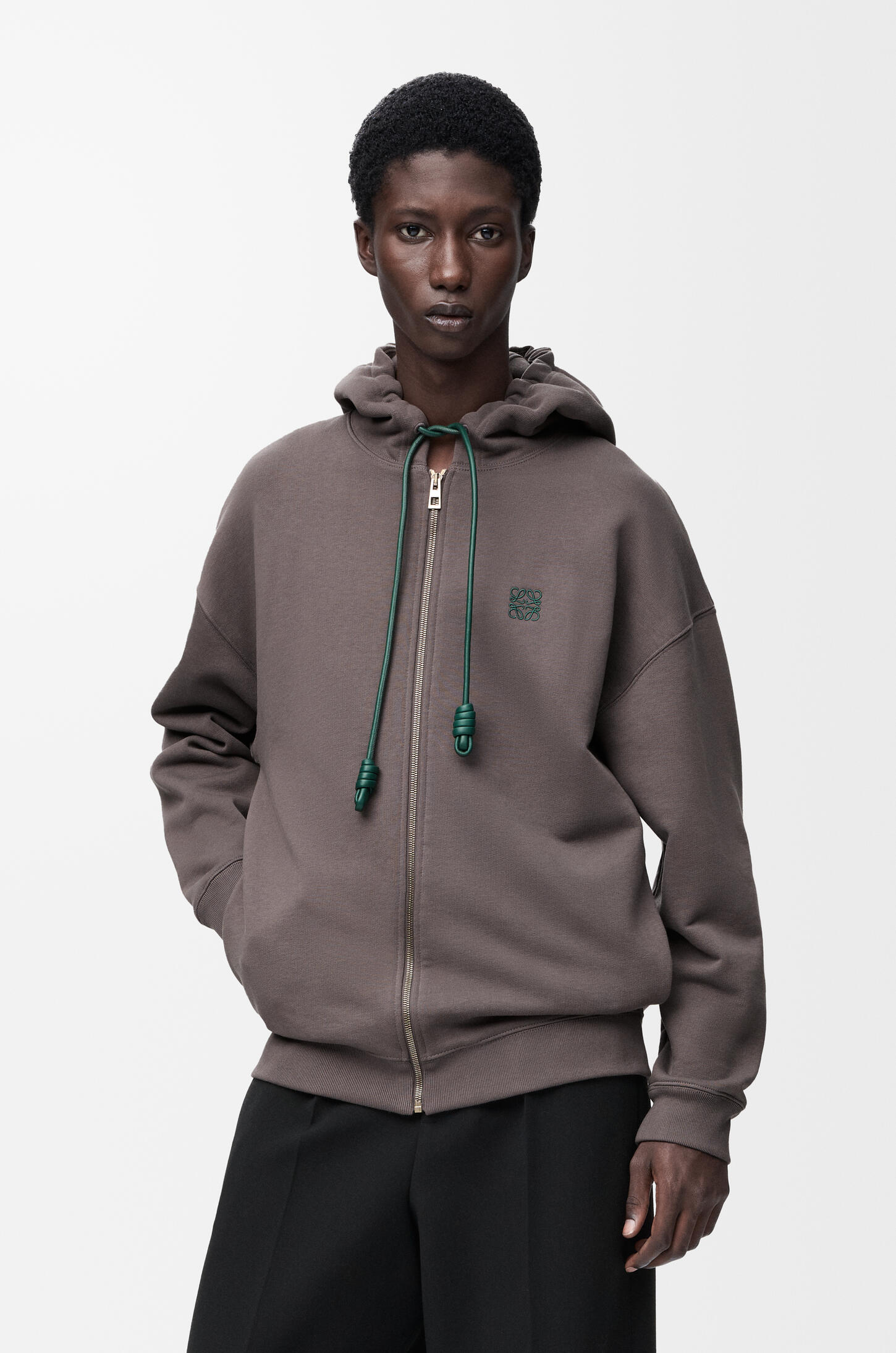 LOEWE 棉質拉鍊連帽衫 深灰色