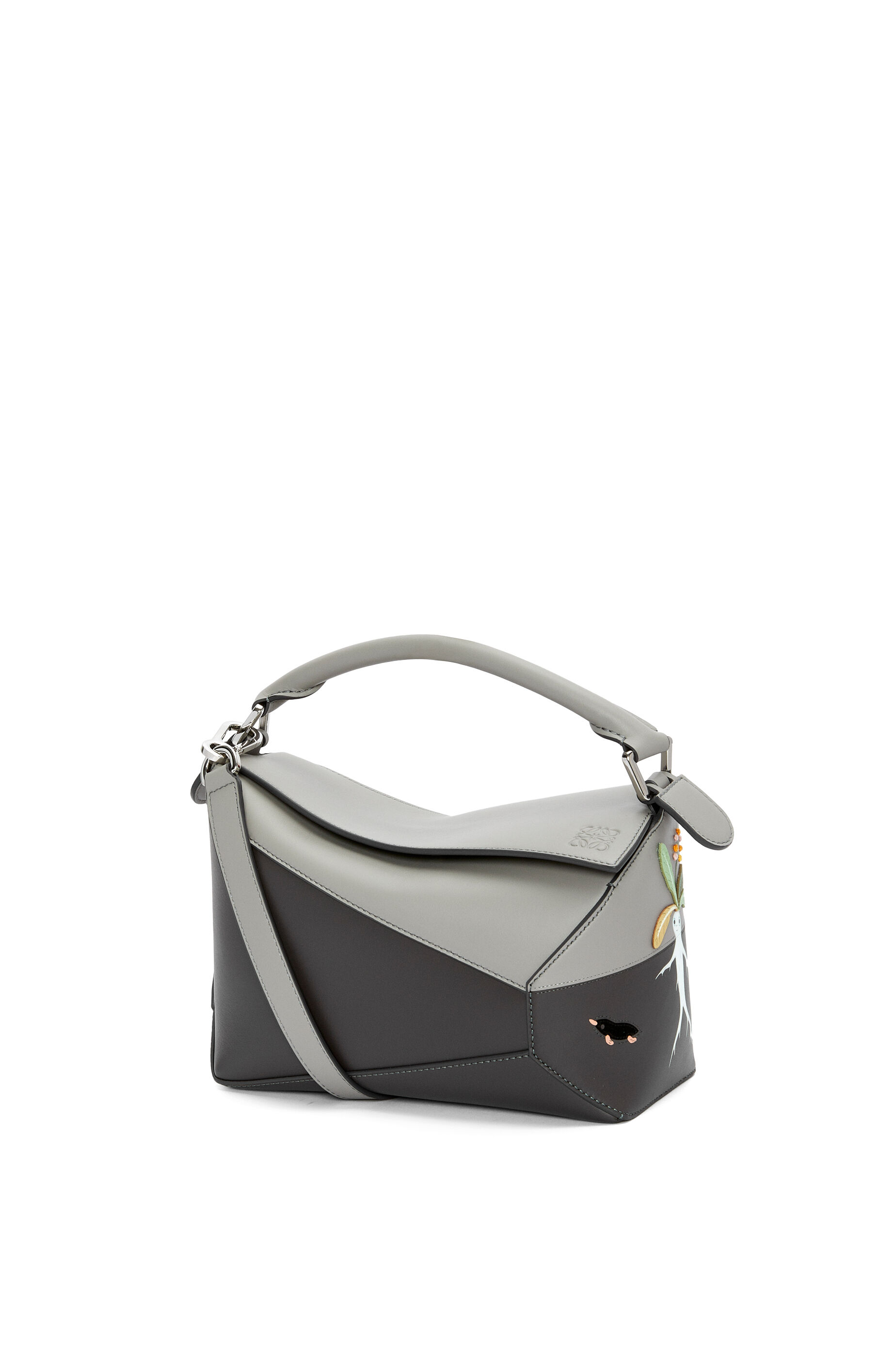 Mandragora small Puzzle bag in satin calfskin Pearl Grey Dark Grey