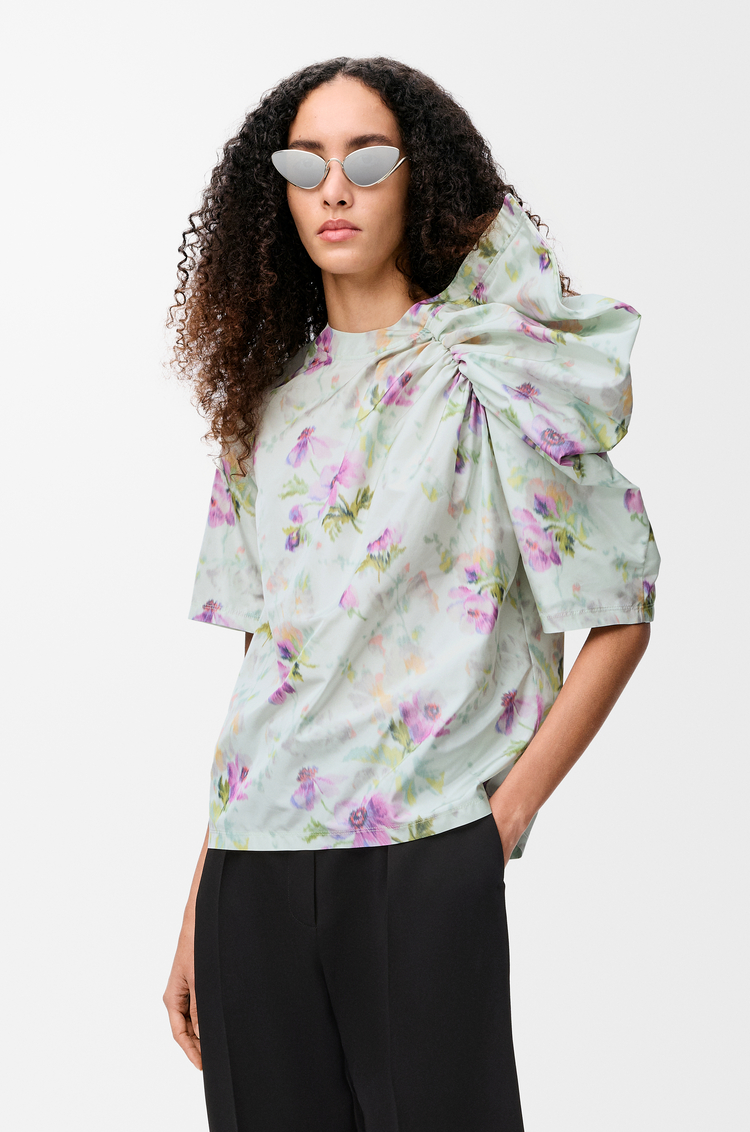 LOEWE Draped top in silk blend taffeta Light Blue/Multicolor