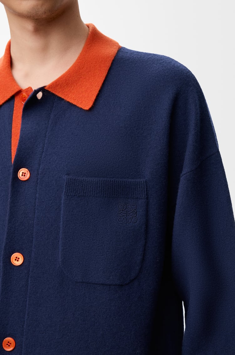 LOEWE Cardigan polo en laine Navy Blue/Orange