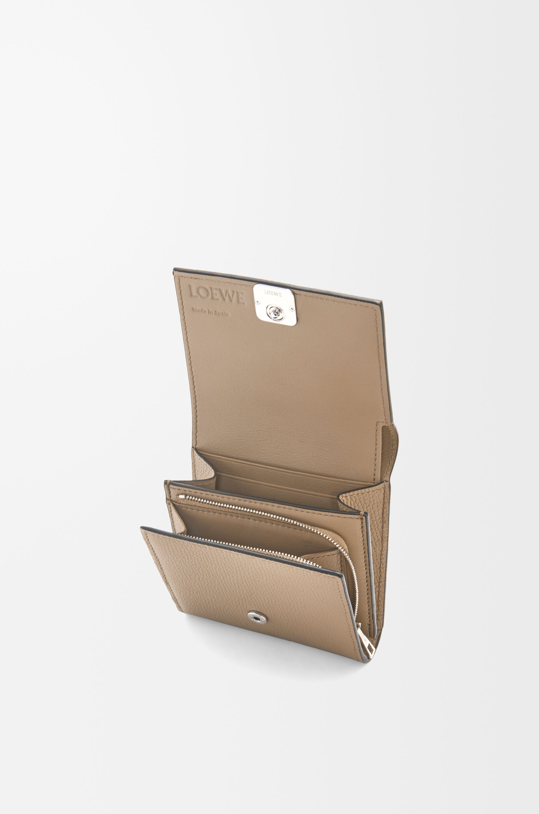 Anagram compact flap wallet in pebble grain calfskin Sand LOEWE