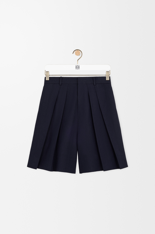 LOEWE Pleated shorts in cotton and linen Navy/Black
