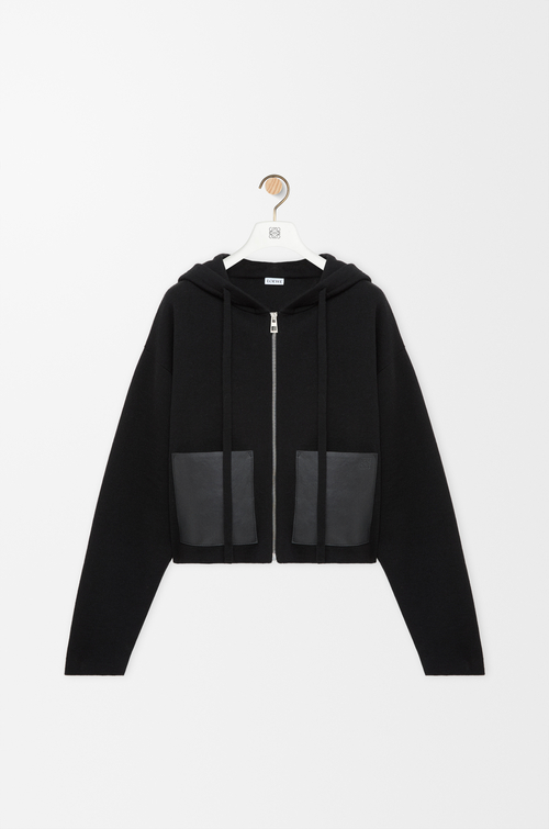 LOEWE 羊毛拉鍊連帽衫 黑色