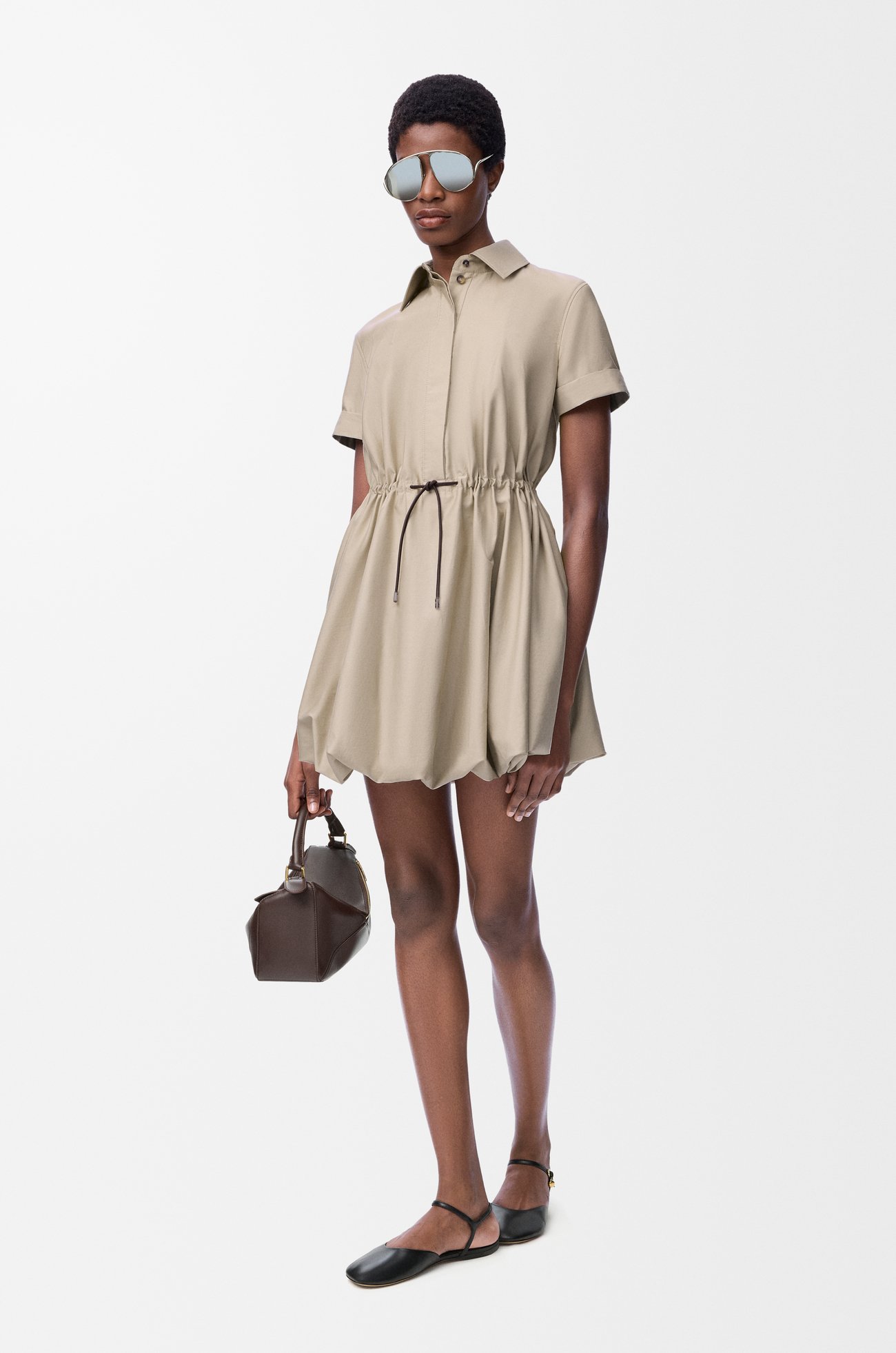 LOEWE Short sleeve dress in cotton and silk Beige