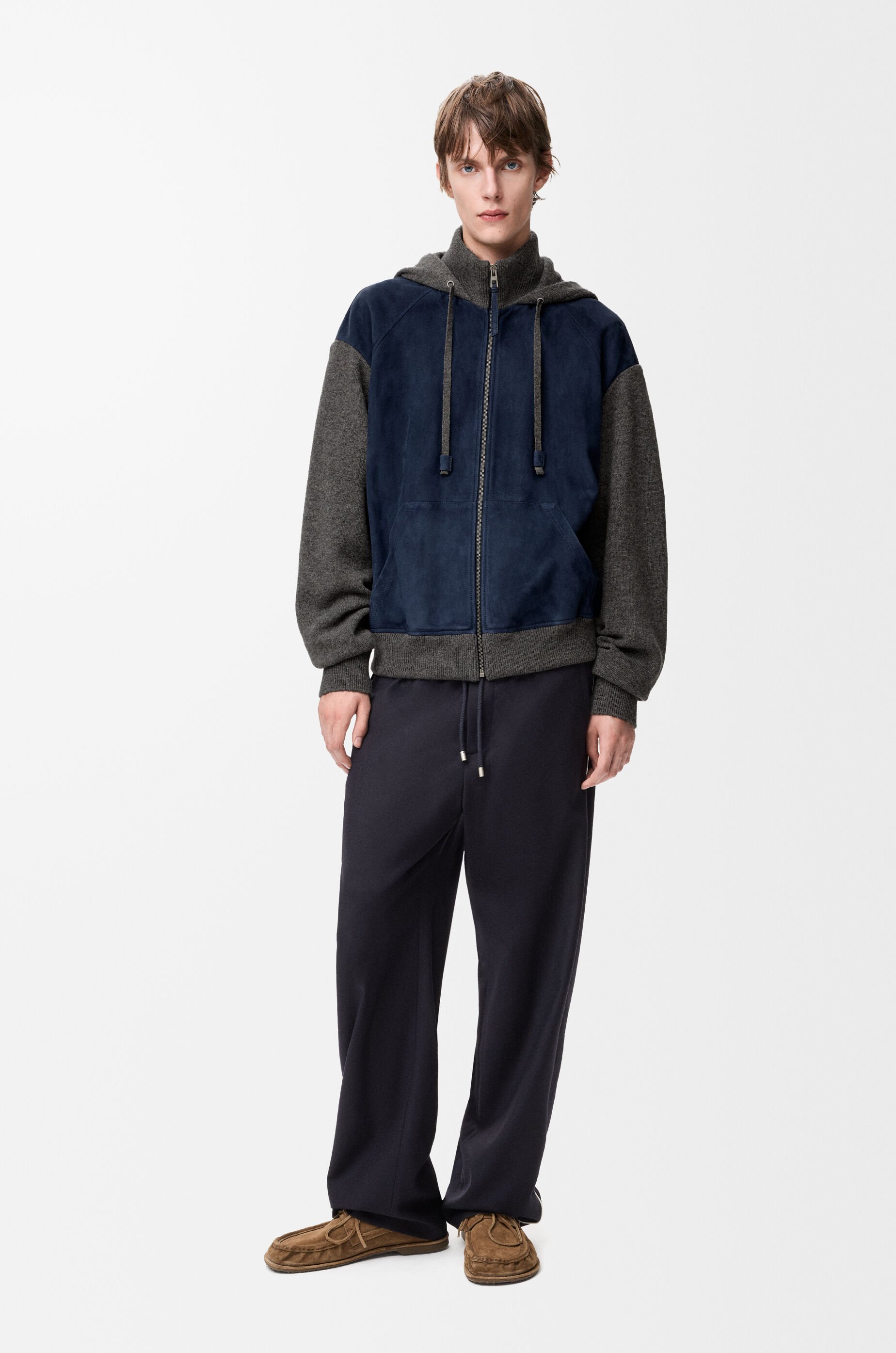 Hybrid zip-up hoodie in suede goatskin and wool blend Blue - LOEWE