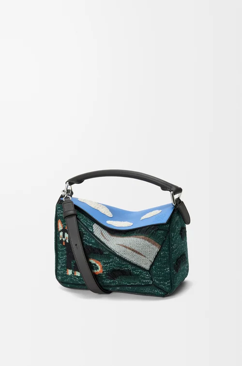 LOEWE Futurist Cat small Puzzle bag in embroidered knit and classic calfskin Multicolor Green