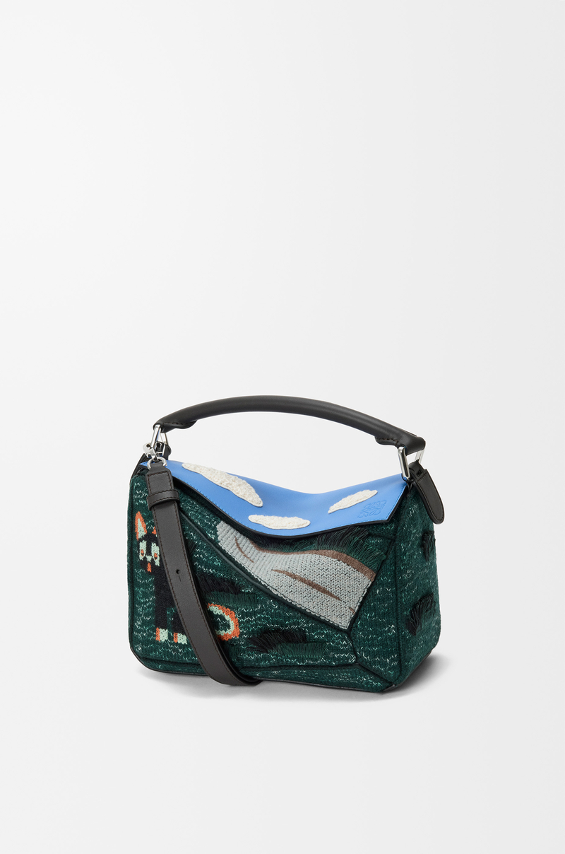 LOEWE Futurist Cat small Puzzle bag in embroidered knit and classic calfskin Multicolor Green