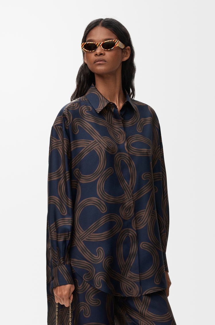 LOEWE Camisa en seda Azul Marino/Marrón