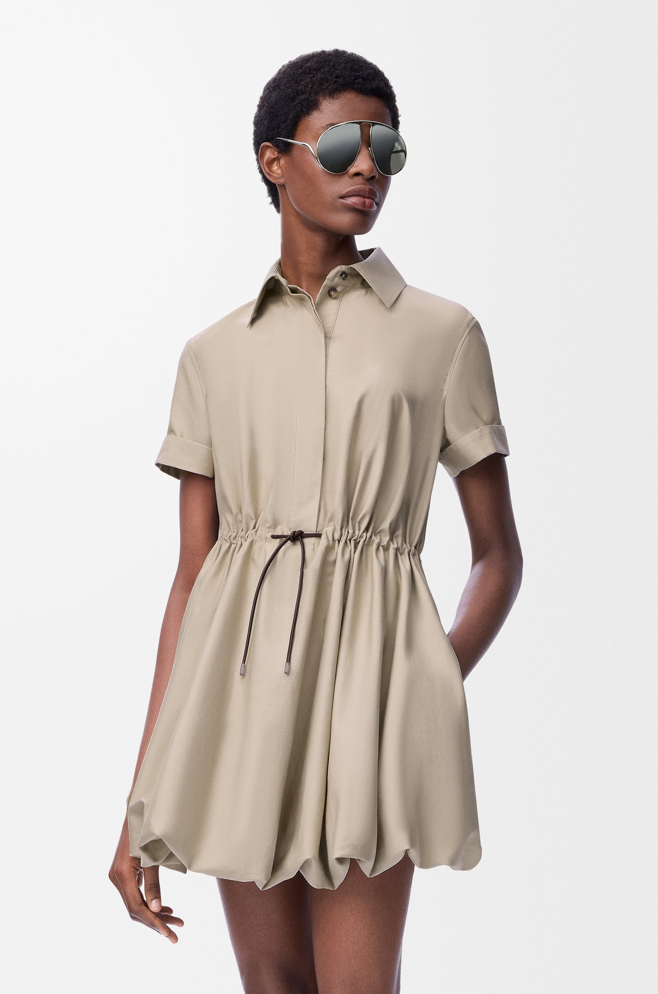 LOEWE Short sleeve dress in cotton and silk Beige