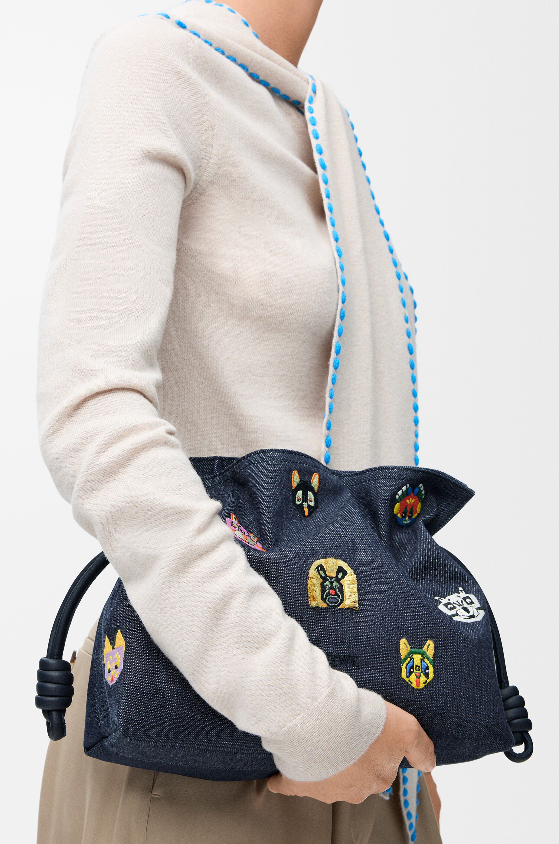 Cats medium Flamenco clutch in embroidered denim Blue - LOEWE USA