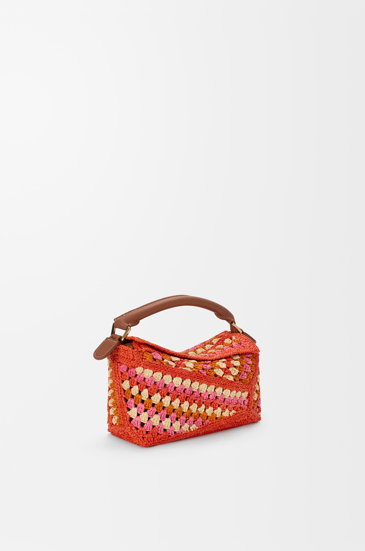 LOEWE Mini Puzzle Edge bag in raffia and calfskin Bright Orange/Pink
