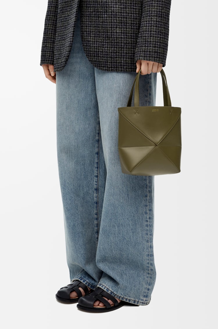 LOEWE Mini Puzzle Fold tote in shiny calfskin Dark Khaki