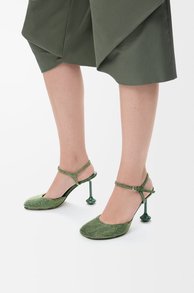 LOEWE Zapato de salón Toy con tira en el tobillo en ante con pedrería Verde Militar