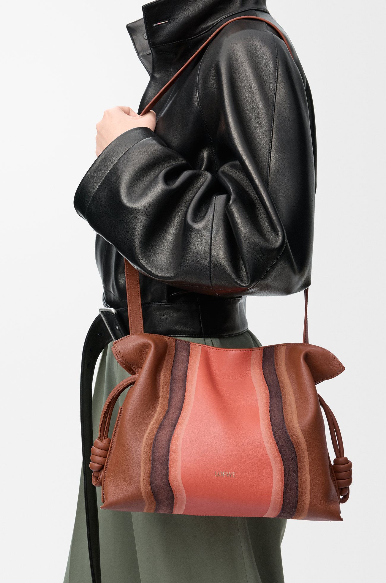 LOEWE Medium Flamenco clutch in nappa calfskin Pecan/Parrot Pink