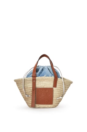 LOEWE Basket bag in palm leaf and calfskin & Fish drawstring pouch in denim 